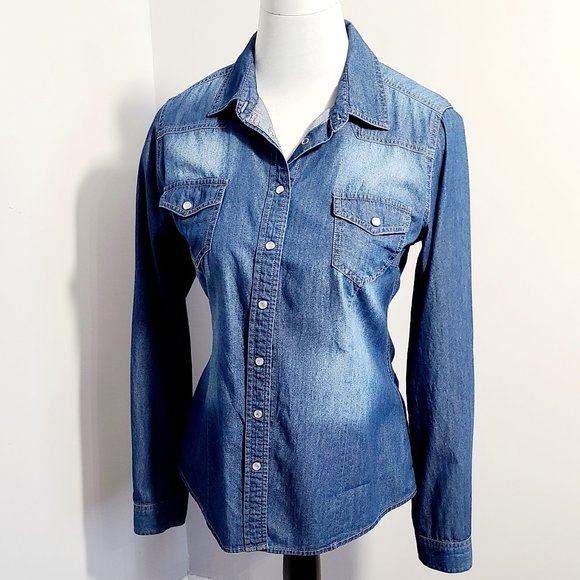 YMI Tops - YMI USA Blue Denim Style Button-up Cotton Shirt